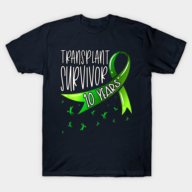 10 Year Organ Transplant Survivor Green Ribbon T-Shirt by Gold Wings Tees